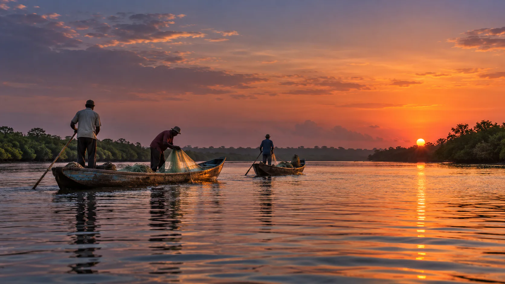 Recreación visual generada de pescadores en un paisaje fluvial inspirado en el río Cacheu